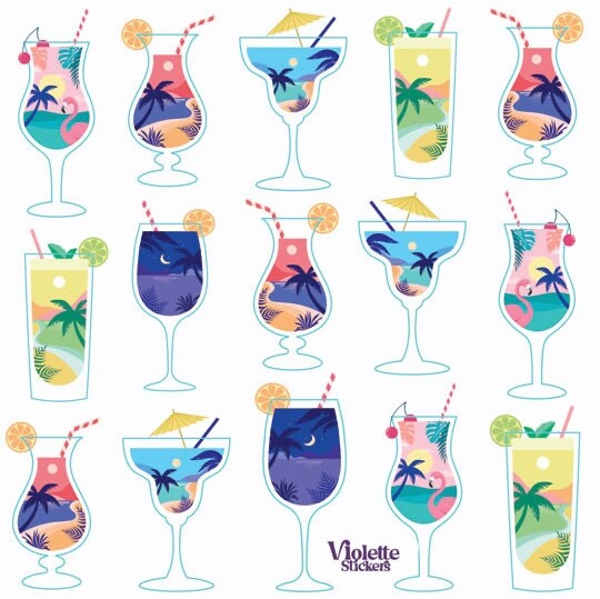 Violette Stickers Sunset Cocktail Drink Crafts Planner Supply Scrapbook Flowers