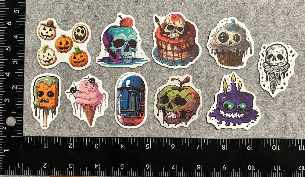 Lot of 10 Assorted Creepy Cute Skull Skeleton Food Snack Stickers