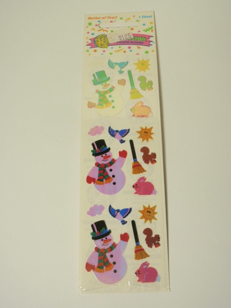 Vintage 1990 Sandylion Mother of Pearl Holiday Snowman Stickers *SEALED*