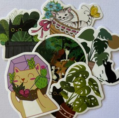 MANY CATS & PLANT ASSORTMENT Stickers(6pc)Kitten•Meow •Floral•Hiding•Peeking•Pet