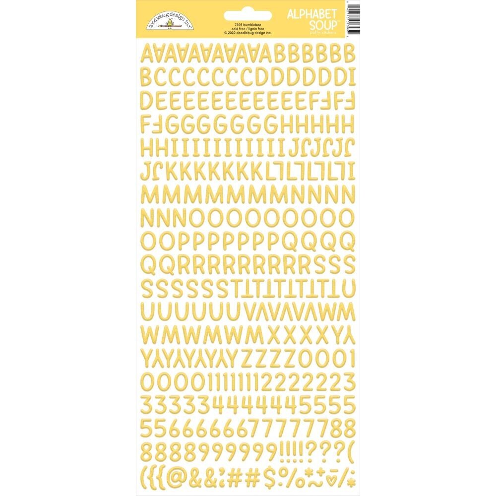 Doodlebug 13″ Alphabet Soup Puffy Stickers Letters Numbers 250+ Yellow Bumblebee