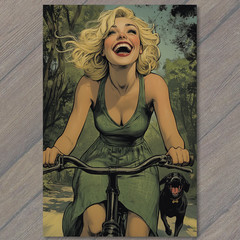 STICKER Blonde Woman Laughing Green Dress Bike Ride Dog Forest Path Retro Joy