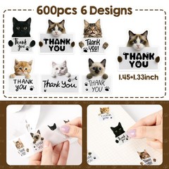 600Pcs Cat Thank You Stickers Roll Cute Kitty Labels For Small Business Packagin