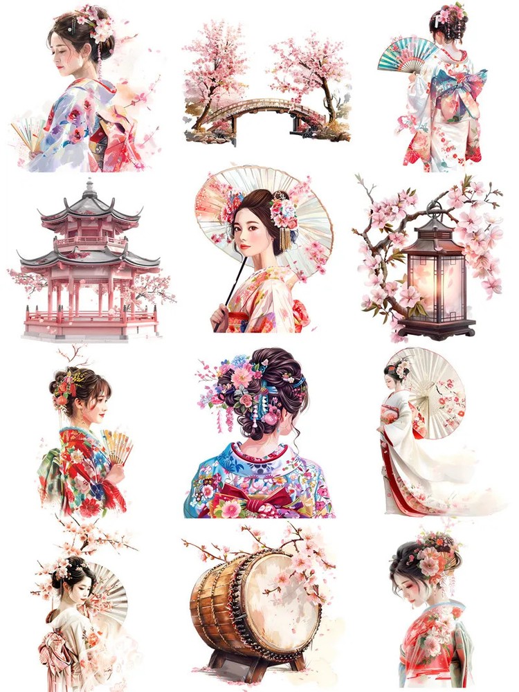 Japanese Kimono Woman Sakura Flowers Stickers Stationery Journal Scrapbook Craft
