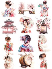 Japanese Kimono Woman Sakura Flowers Stickers Stationery Journal Scrapbook Craft