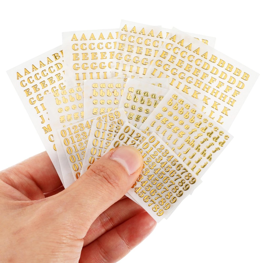 LXUEJIE 12 Sheets Small Letter Stickers, 3 Sizes Mini Alphabet Number Gold