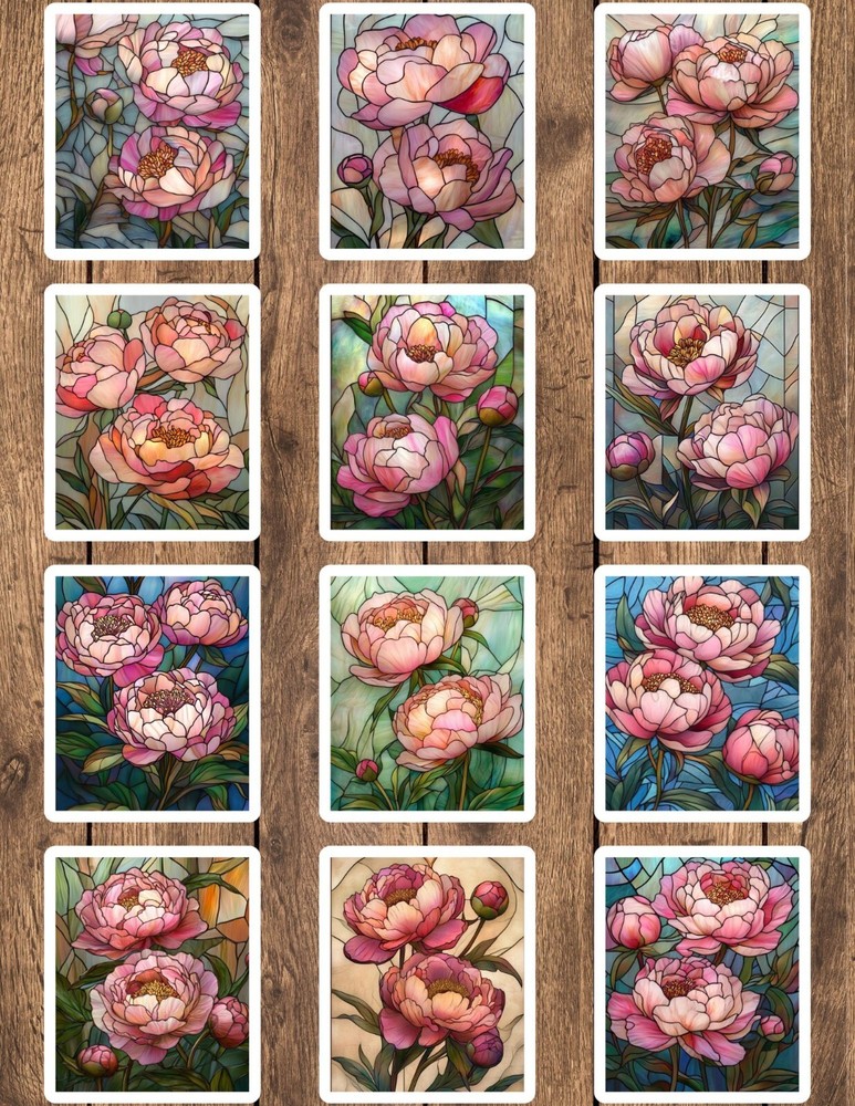 Stained Glass Peonies Die Cut Stickers Set Scrapbooking Laptop Waterbottle