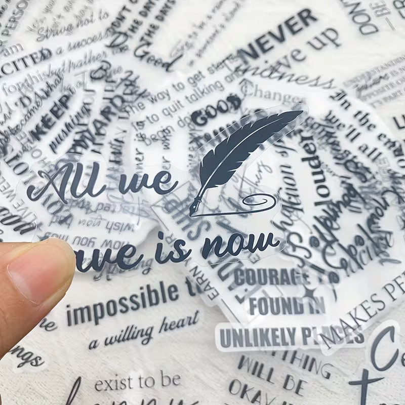 Set of 50 Transparent Stickers All Words are in Black & White