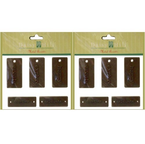 2 SETS DAISY HILL METAL ACCENTS – EMBOSSED TAGS CREATE EXPLORE HAPPY CELEBRATE