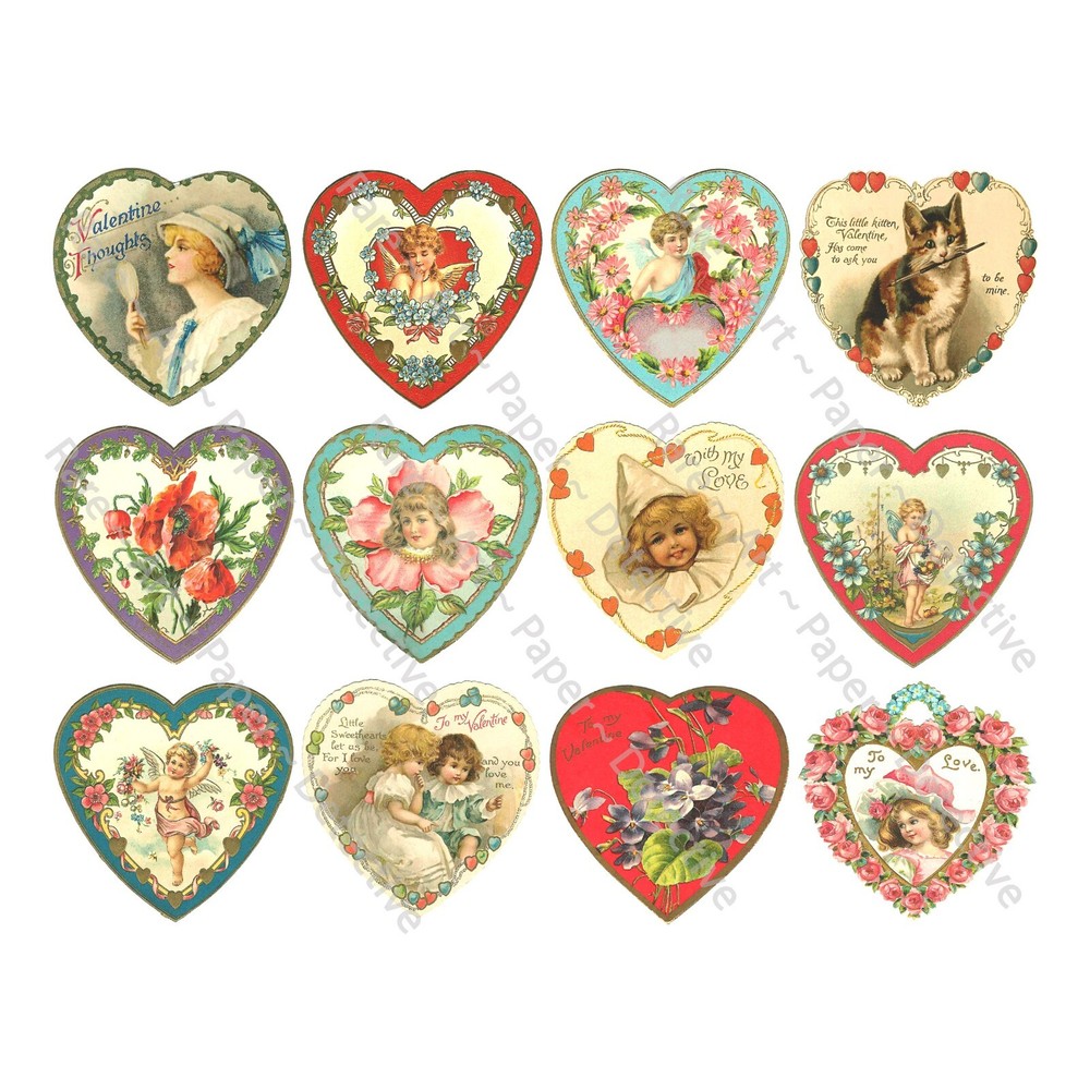 Valentine’s Day Hearts, Romantic Victorian Clip Art, CUT & PEEL STICKER SHEET