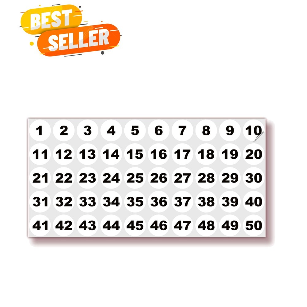 White Consecutive Number Stickers – 1 to 50, 1-inch, 1 Set – Vinyl Self Adhes…