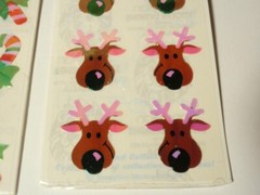 Lot 2 Sandylion MOP Mother of Pearl Christmas Stickers: Candy Cane & Reindeer
