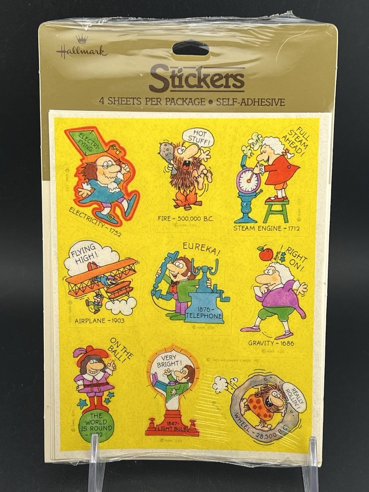Vintage 1983 Hallmark Inventors Stickers 1 Package 4 Sheets NOS History Caveman