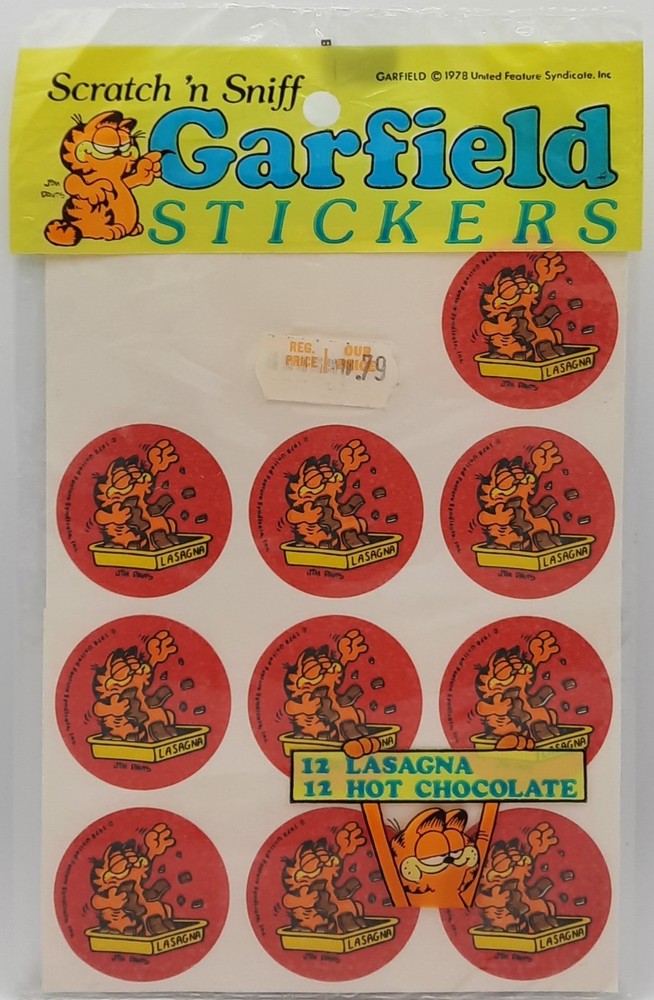 Vintage Garfield Scratch ‘n Sniff Stickers 10 Lasagna + 2 Chocolate Open Package