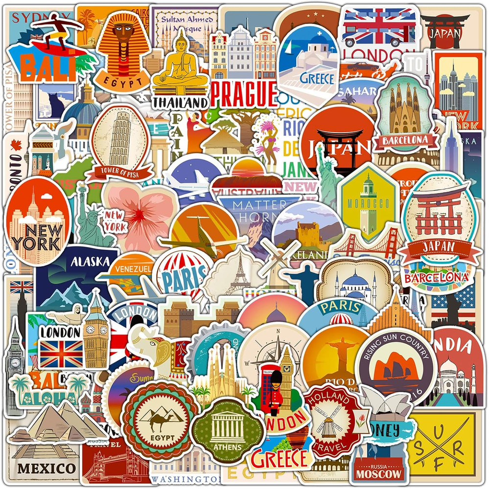 100Pcs World Travel Stickers Pack, Vacation Famous City Landmark Vinyl Travel