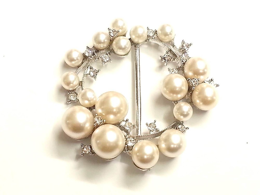 CraftbuddyUSMT66 55mm Pearl & Crystal Wedding Topper Brooch Ribbon Slider Buckle