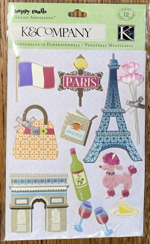 K&COMPANY Happy Trails Travel To Paris Purse Wine Tower Poodle Flag Vacation Pie