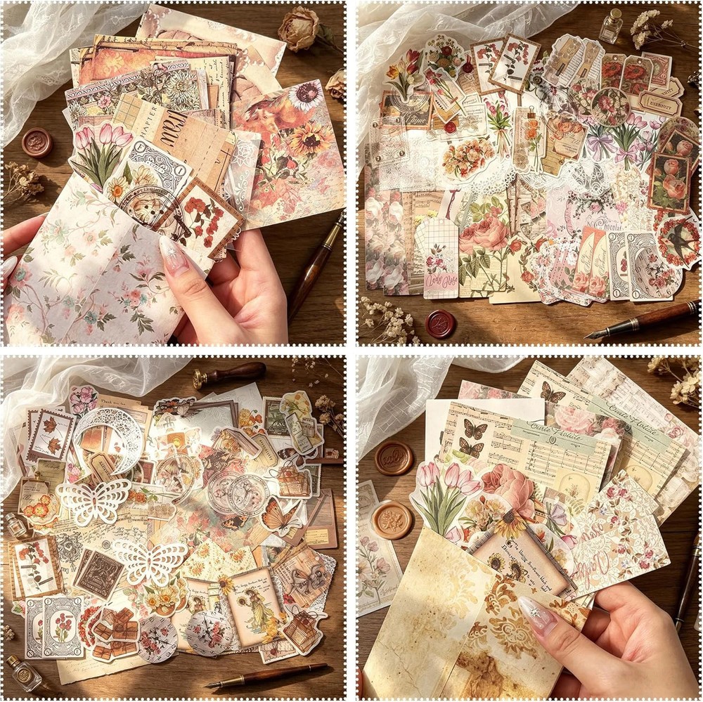 200Pcs Vintage Scrapbook Paper Sticker Kit, Nature Flowrs Scrapbooking Decals fo