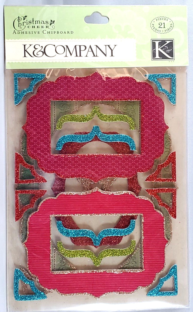 K&Company Christmas Cheer Chipboard Glitter Frames Shapes Corners 21pc Rare NOS