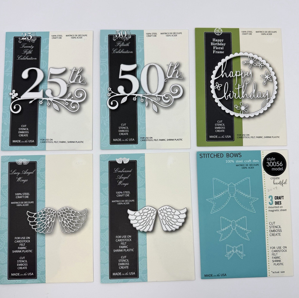 Memory Box Dies LOT of 6 25th 50th Celebration Happy Birthday Angel Wings Bows