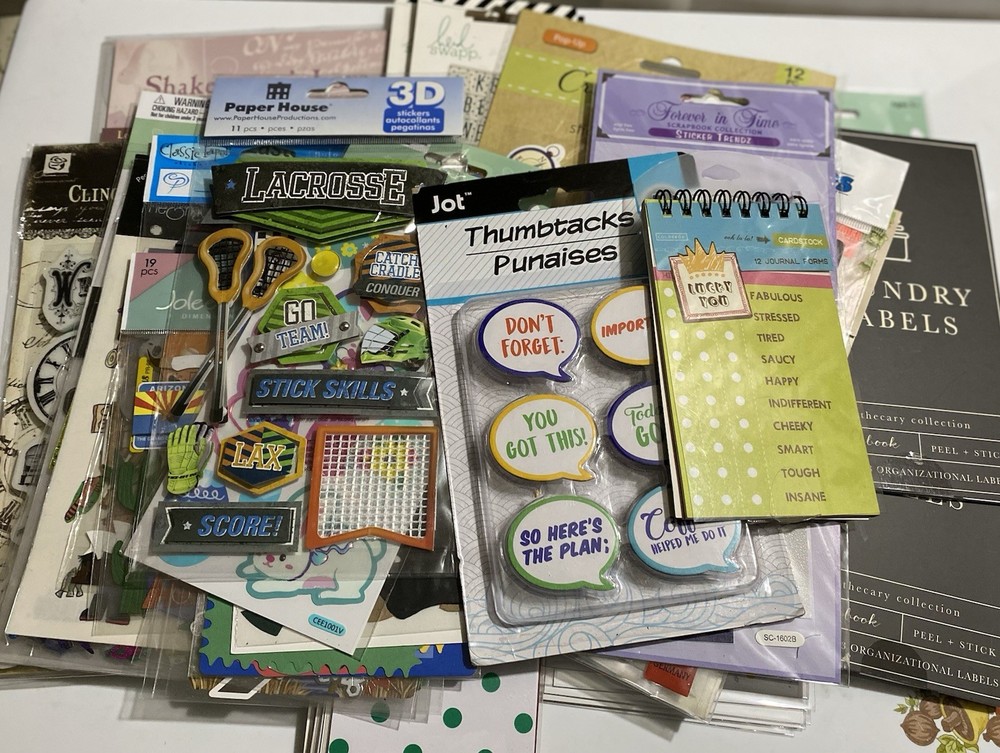 Big Lot Of 32 Crafting Scrapbook Stickers Rub Ons Stamps Magnets Thumbtacks DIY