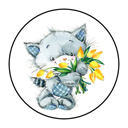 CUTE KITTEN WITH FLOWERS ENVELOPE SEALS STICKERS LABELS TAGS 1.5″ ROUND (30)