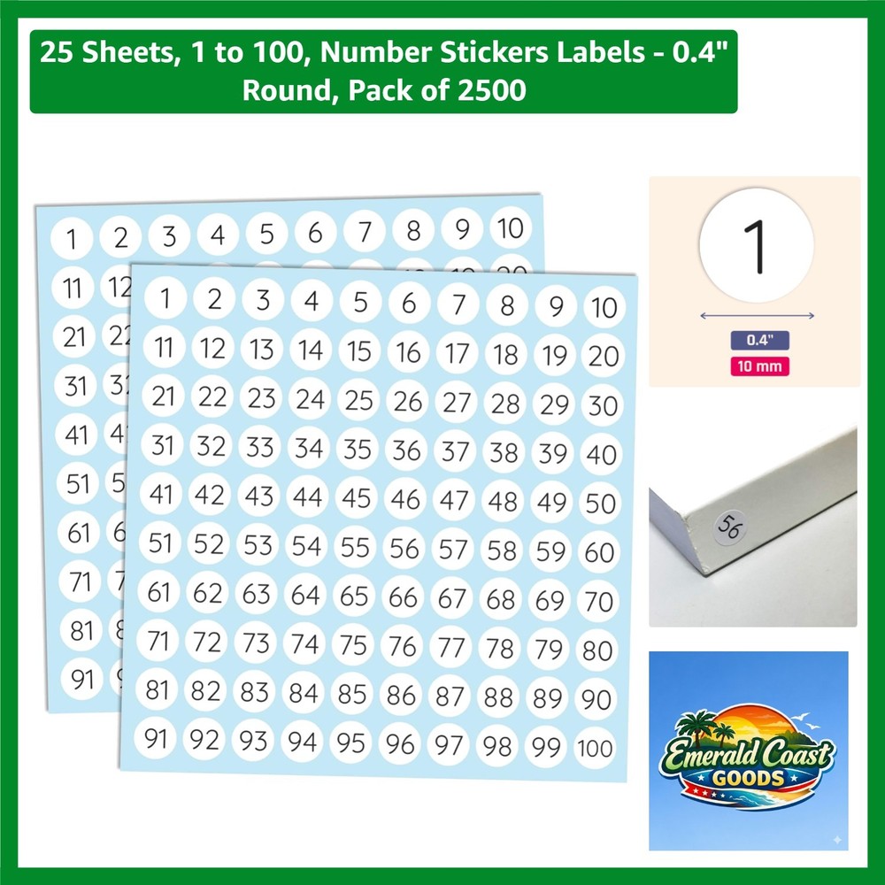 Versatile 1-100 Number Stickers: 25 Sheet Set of Self-Adhesive Labels, 0.4»