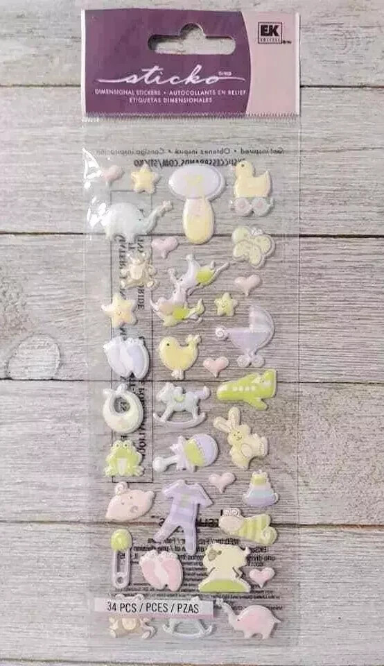 pastel baby shower fun stickers EK success dimensional puffy rattle 34pc