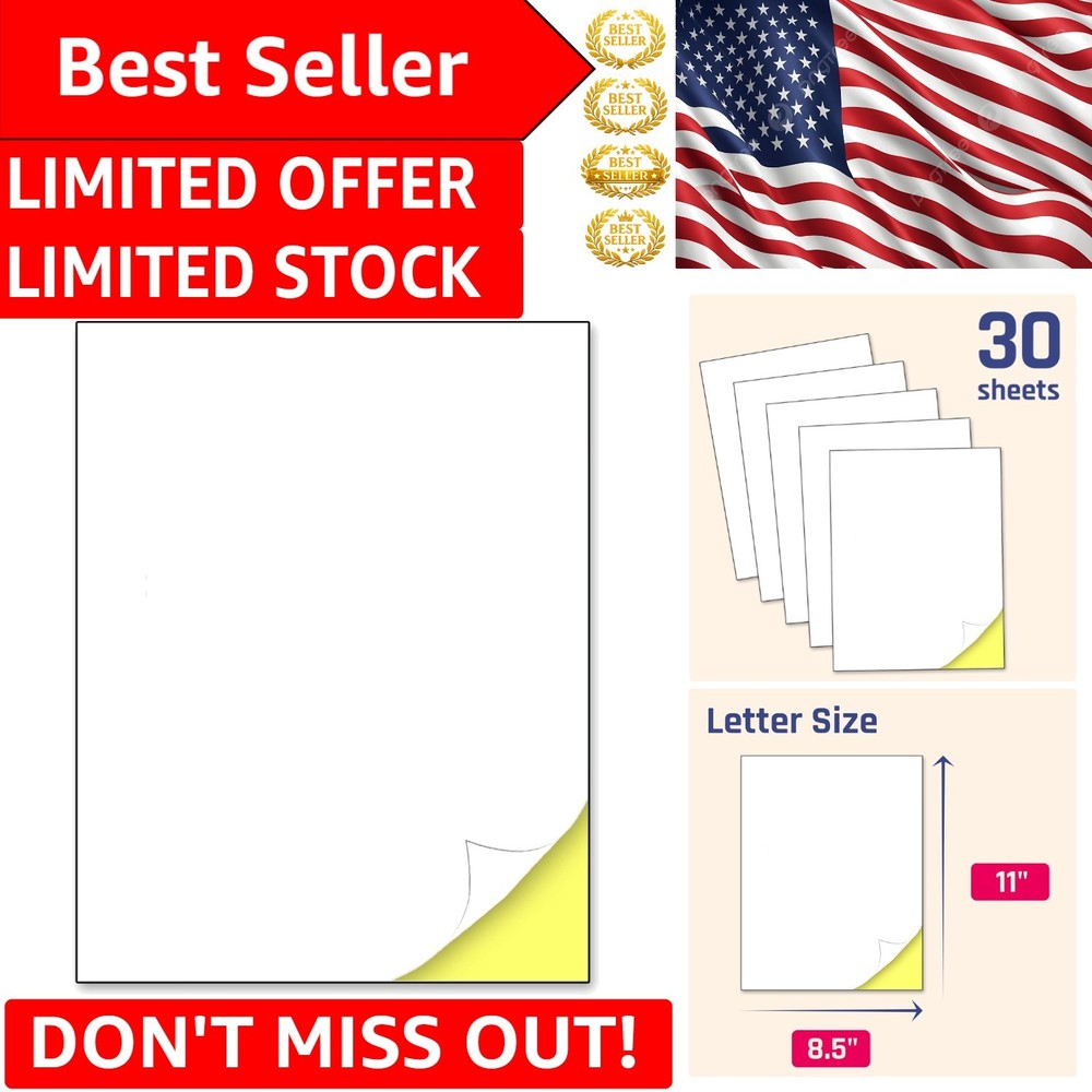 Matte Finish White Sticker Paper – 30 Laser/Inkjet Sheets, Easy Write Surface