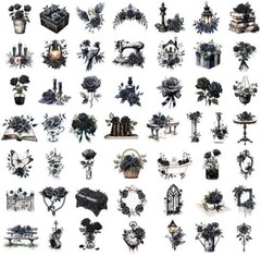 50 Pcs Dark Aesthetic Gothic Transparent Stickers,Black Rose Flower Stickers Pac