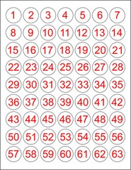 Consecutive Number Stickers 1-63 or 64-126 Sequential 1″ Round Circle Labels