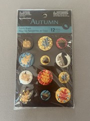 Set Of 12 Assorted Sized “Autumn” Themed Fabric Brads~1” To 1/2”, New In Package