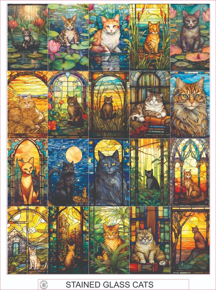 STAINED GLASS CATS – COMPLETE SHEET OF 20 STICKERS