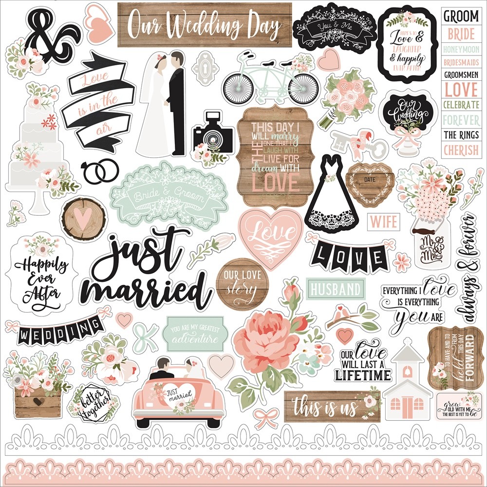 (1) 12×12 Sheet of Echo Park Paper OUR WEDDING Scrapbook Element Stickers