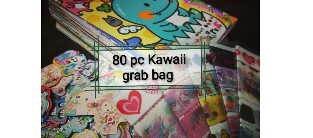 Kawaii 80 piece stationery grab bag – memo sheets, sticker flakes, tape samples