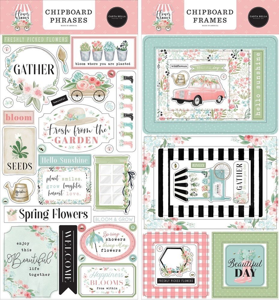 FLOWER GARDEN (2) 6″x13″ Chipboard COMBO Carta Bella Frames + Phrases Scrapbook