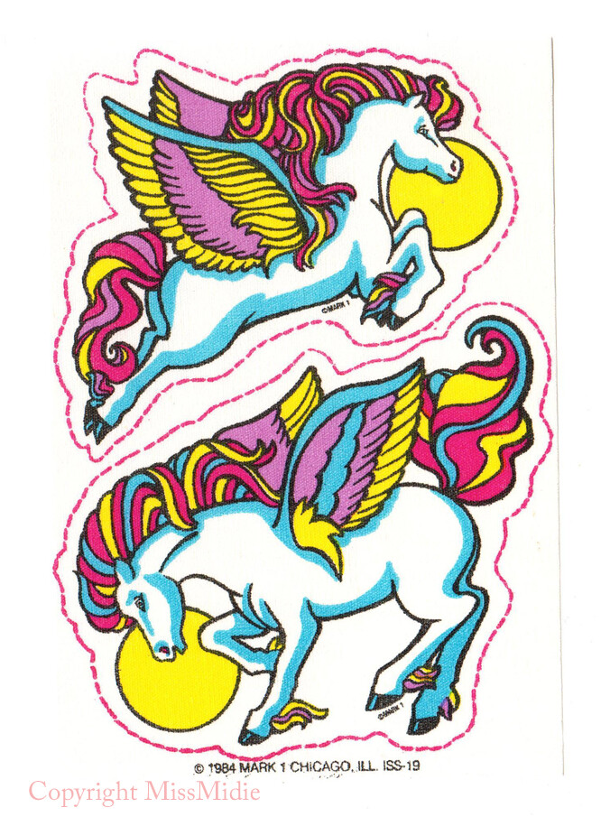 Vintage 80s Mark 1 RASPBERRY Scratch n Sniff Pegasus Unicorn Iron On Patch Sheet