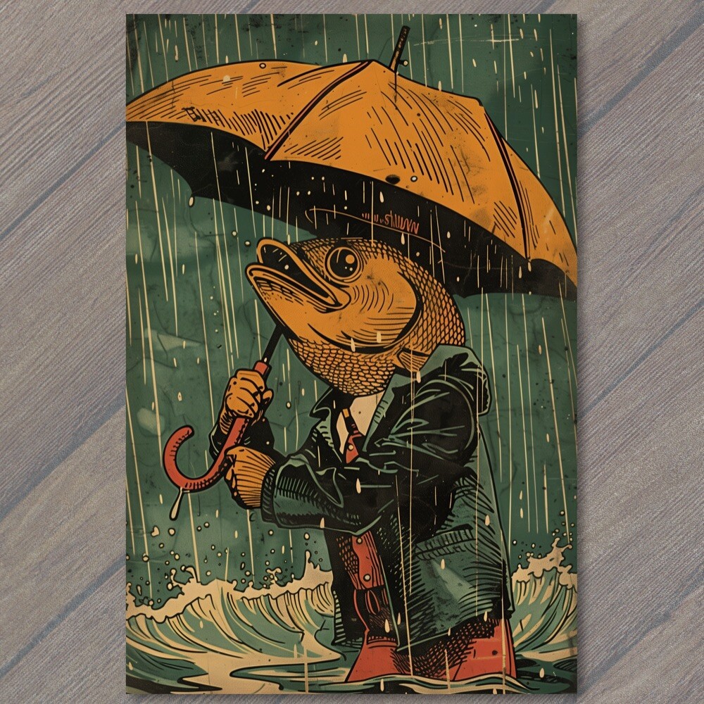 STICKER Fish Man Human Rain Umbrella Weird Strange Funny Ironic Out Of Water