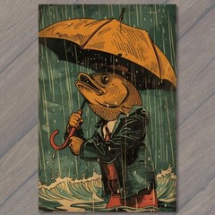 STICKER Fish Man Human Rain Umbrella Weird Strange Funny Ironic Out Of Water