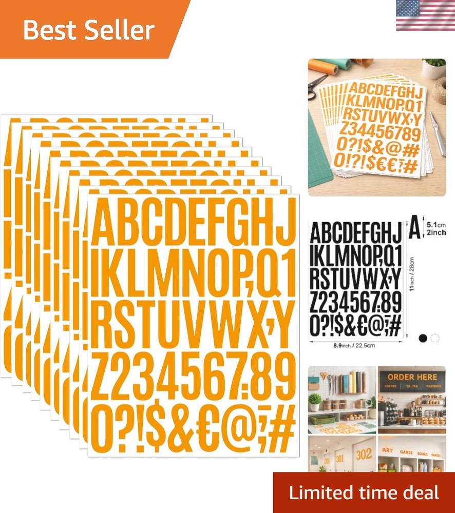 8 Sheets of Bright Orange Vinyl Letter & Number Stickers for Creative Projects