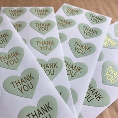 50 Heart Thank You Stickers On Glossy Mint Paper With Gold Lettering