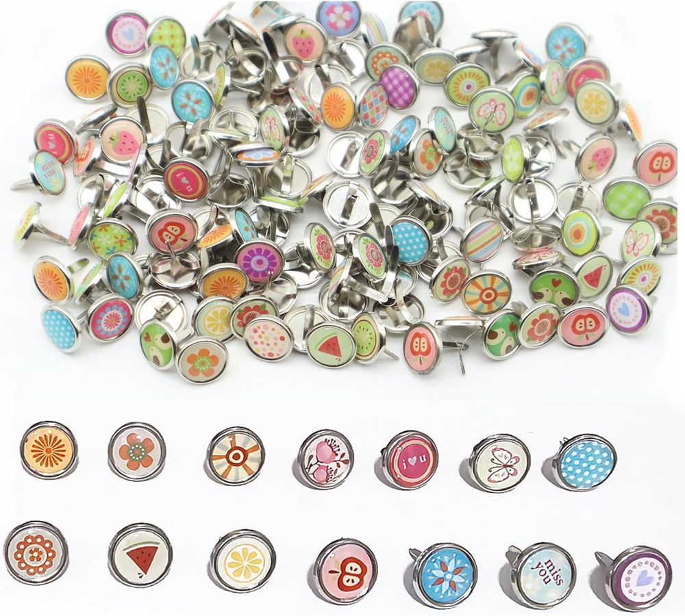 150Pcs Brass Fasteners, Dia.0.47″ Cute Multicolor Brads round Mini Brads Metal B