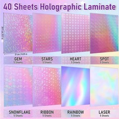 40 Sheets Holographic Laminate Sheets, 8 Types of Holographic Sticker Paper, Sel
