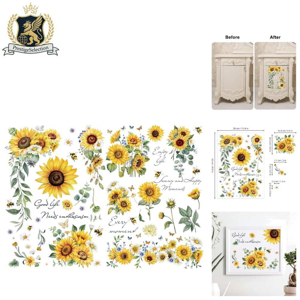 Vintage-Inspired Sunflowers & Bees Transfer Decals – 12»x18» Sheets for Decor