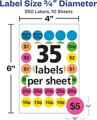 Avery Preprinted Removable Pricing Labels, 3/4 Inch Round Labels, Assorted Neon