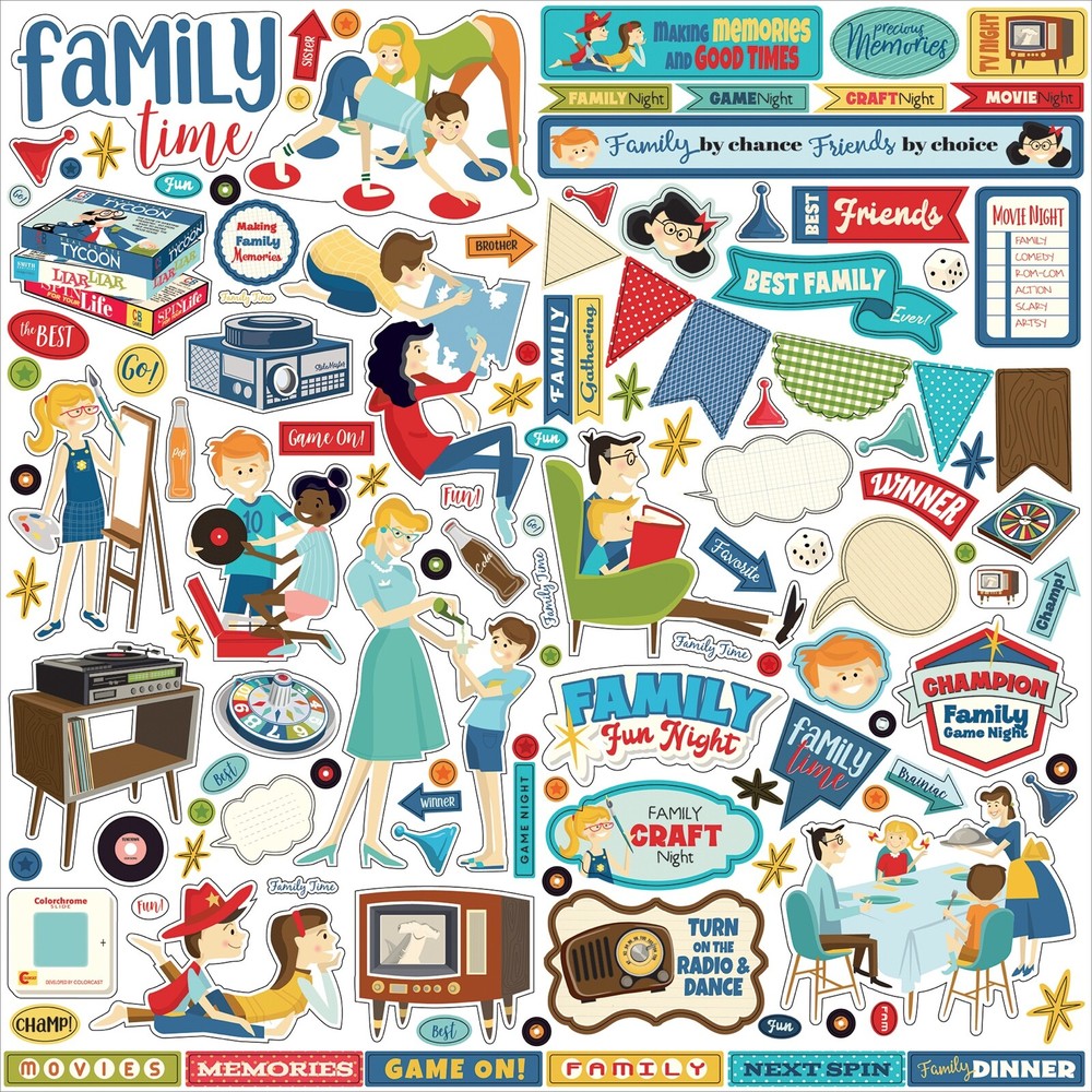 (1) 12×12 Sheet of Carta Bella Paper FAMILY NIGHT Scrapbook Element Stickers