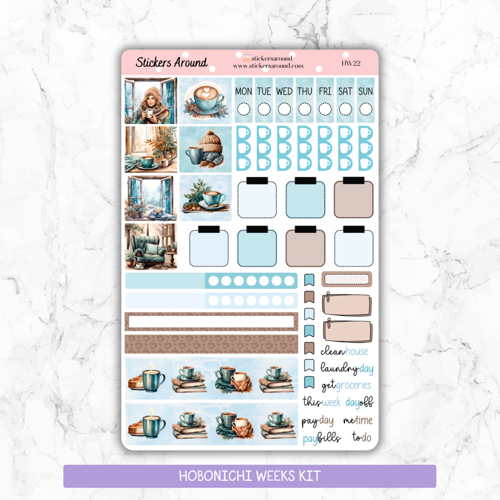 Cozy Winter Coffee Planner Sticker for Hobonichi Weeks, Coffee Lover Sticker