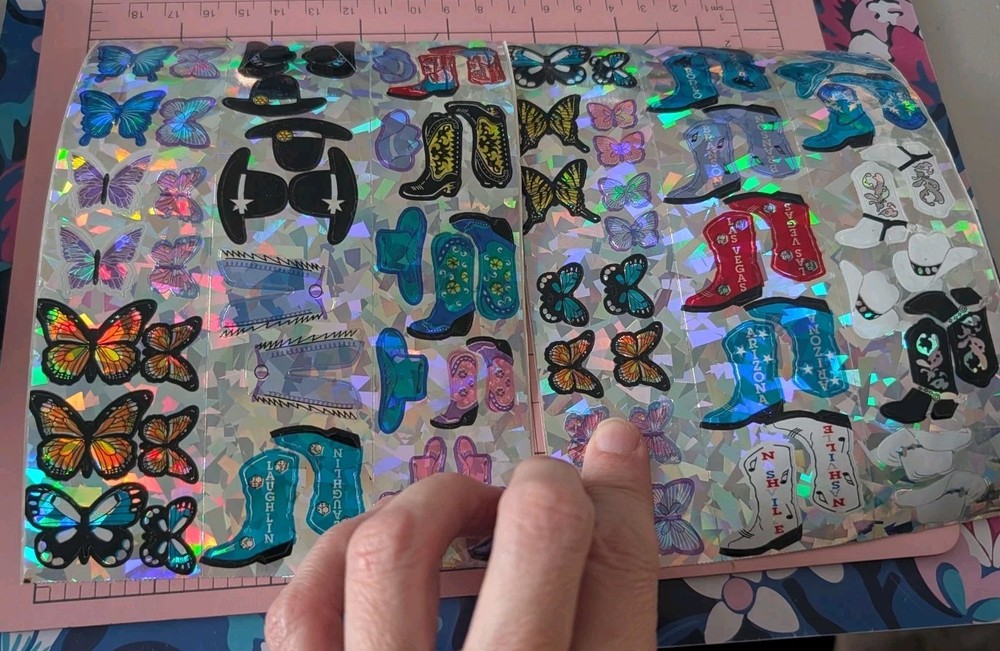 Vintage Stickers Prism Butterfly Cowboy Boots Hats Western Lot 2 Sheets Flawed