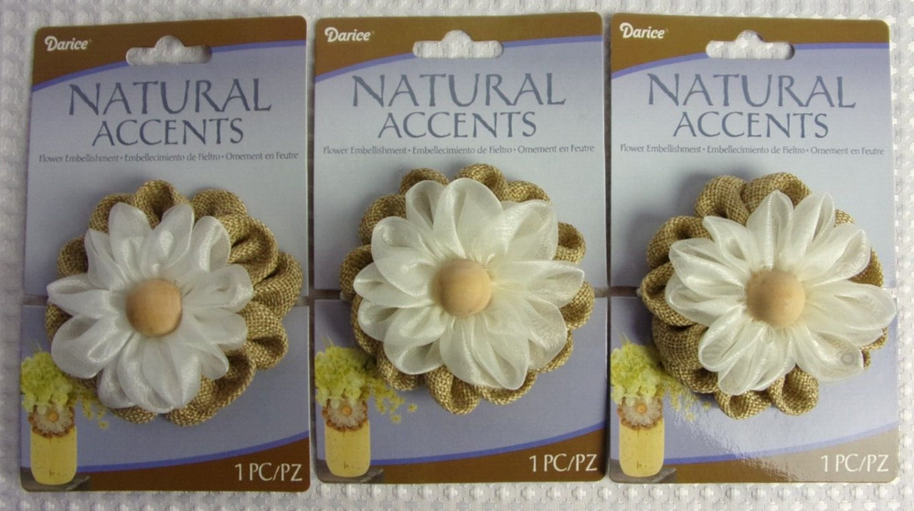 Lot 3 Darice Flower Burlap & Organza Ribbon & Wood Button With Elastic Loop NEW