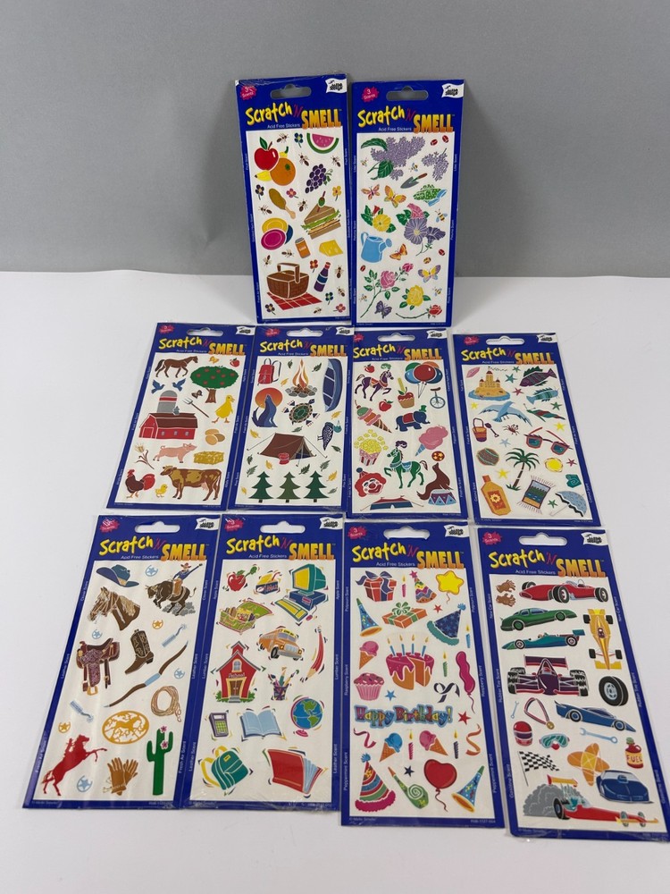 10 Scratch ‘N Smell Sniff Sticker Sheets Mello Smello Food Camping Farm Beach